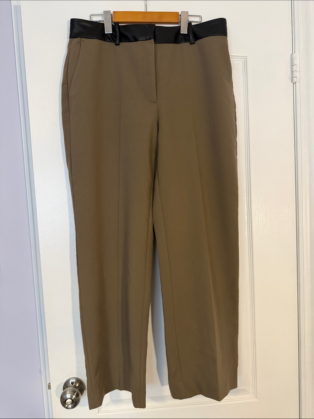 ZARA Olive Pants – XL – Faux Leather Waist – Excellent Condition